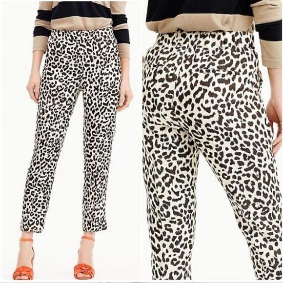 J.Crew Linen Blend Tapered Trouser Ankle Pants in Leopard Cream Brown Size 0 - Picture 1 of 10